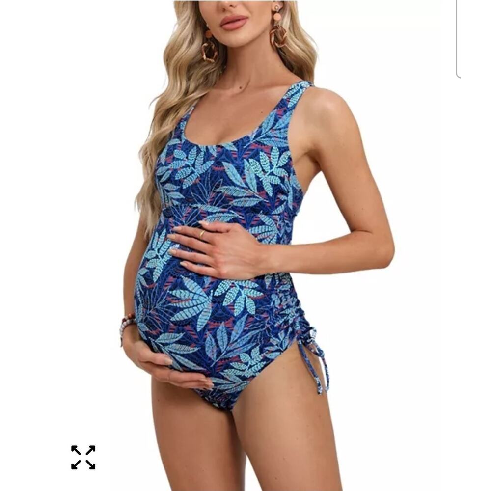 Cupshe Blue Leaf Print Maternity One-Piece Swimsuit